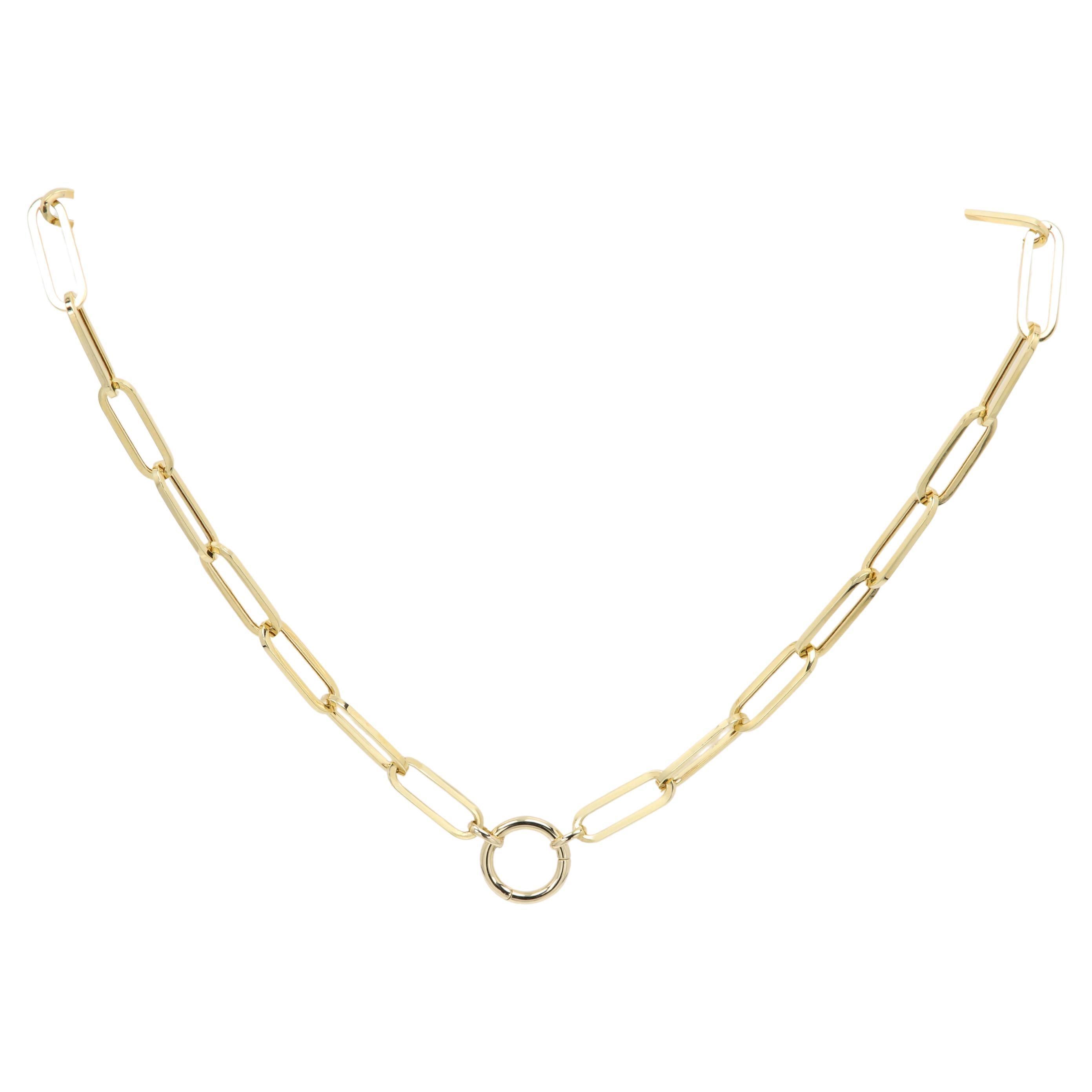 Enhancer Paperclip Necklace Chain 14 Karat Gold Italian Chain with Front Lock For Sale