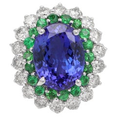 Anillo grande de tanzanita y tsavorita con diamantes de 4,20 quilates y oro de 18 quilates