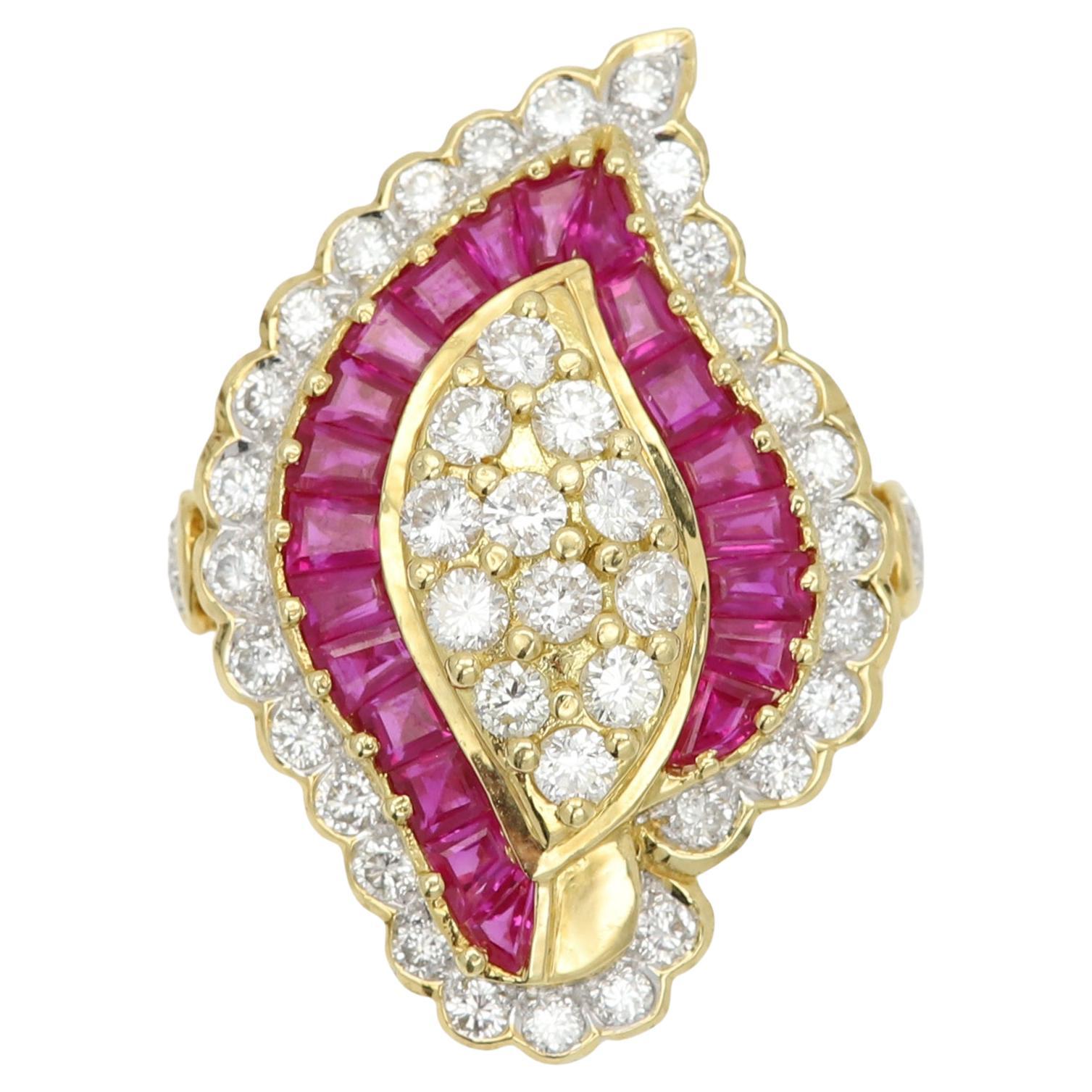 Vintage Ruby Diamond Ring 18 Karat Natural Baguette Ruby and Natural Diamonds