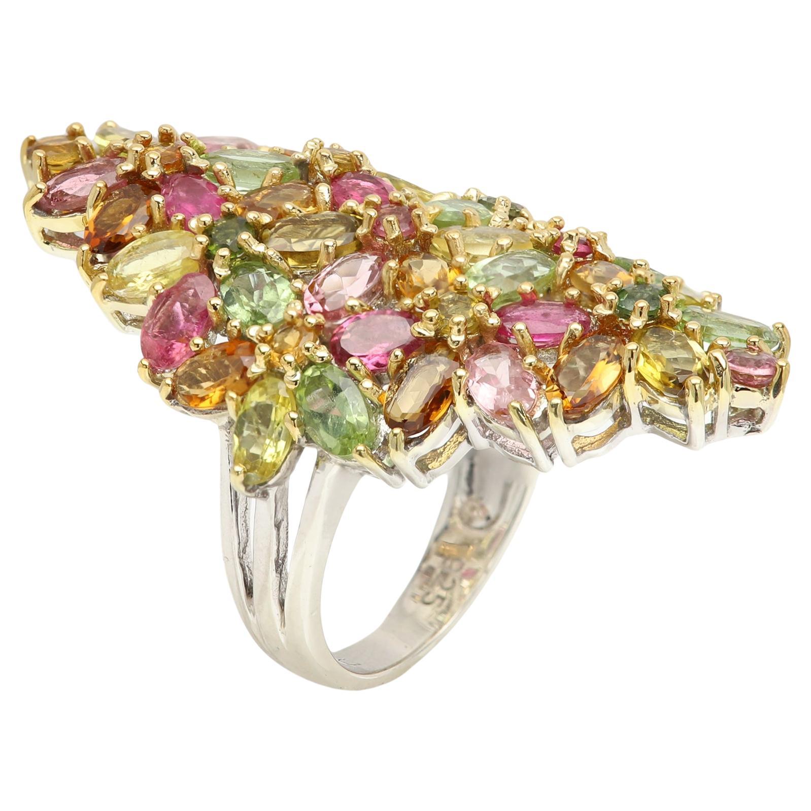 Large Tourmaline Cluster Ring Natural Multi Color Gemstones 18 CT For Sale