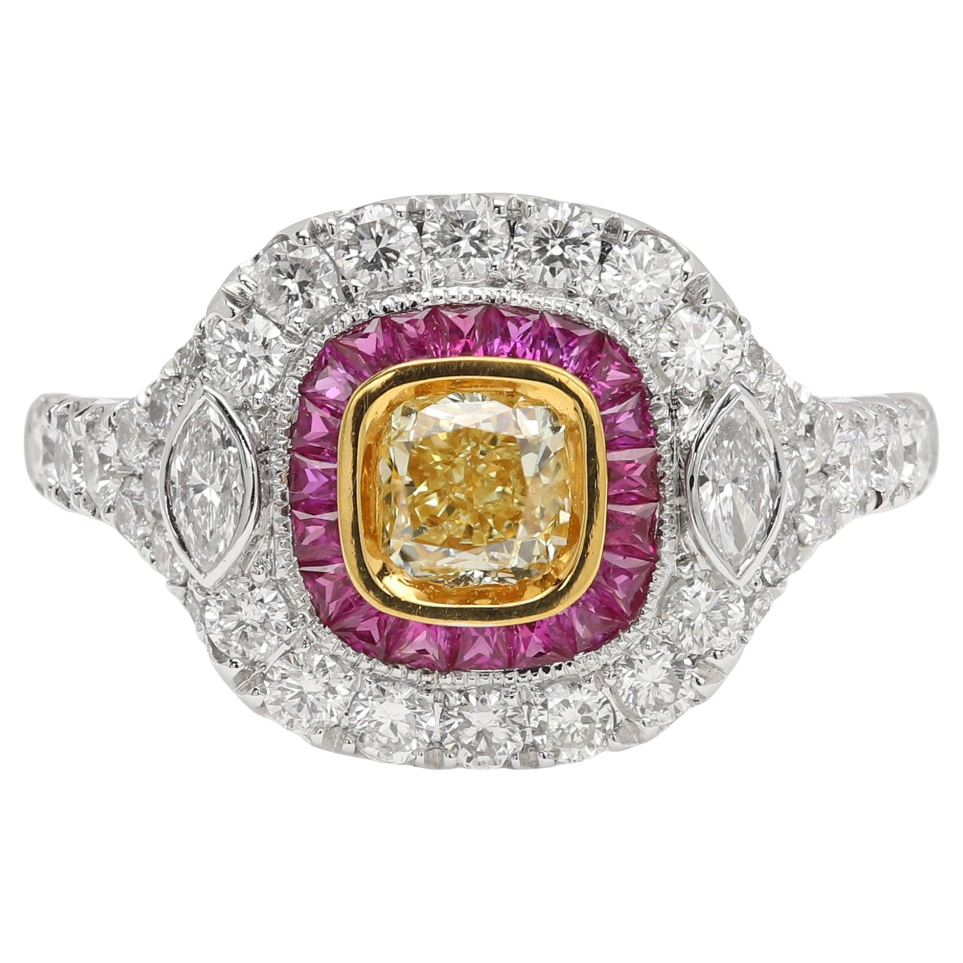 Yellow Diamond 0.71 Red Ruby Gold Art Deco Vintage Ring 18K