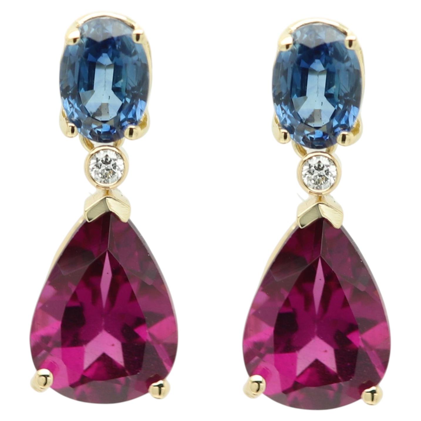 Pastel Dangle Drop Earrings Solid 14k Gold Red Rhodolite & Blue Sapphire For Sale