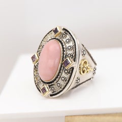 Anello vintage con opale rosa, argento sterling e oro 18 carati, realizzato in Italia in stile gotico
