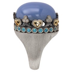 Vintage Blue Large Cocktail Ring Natural Chalcedony set in Silver and 18k Gold