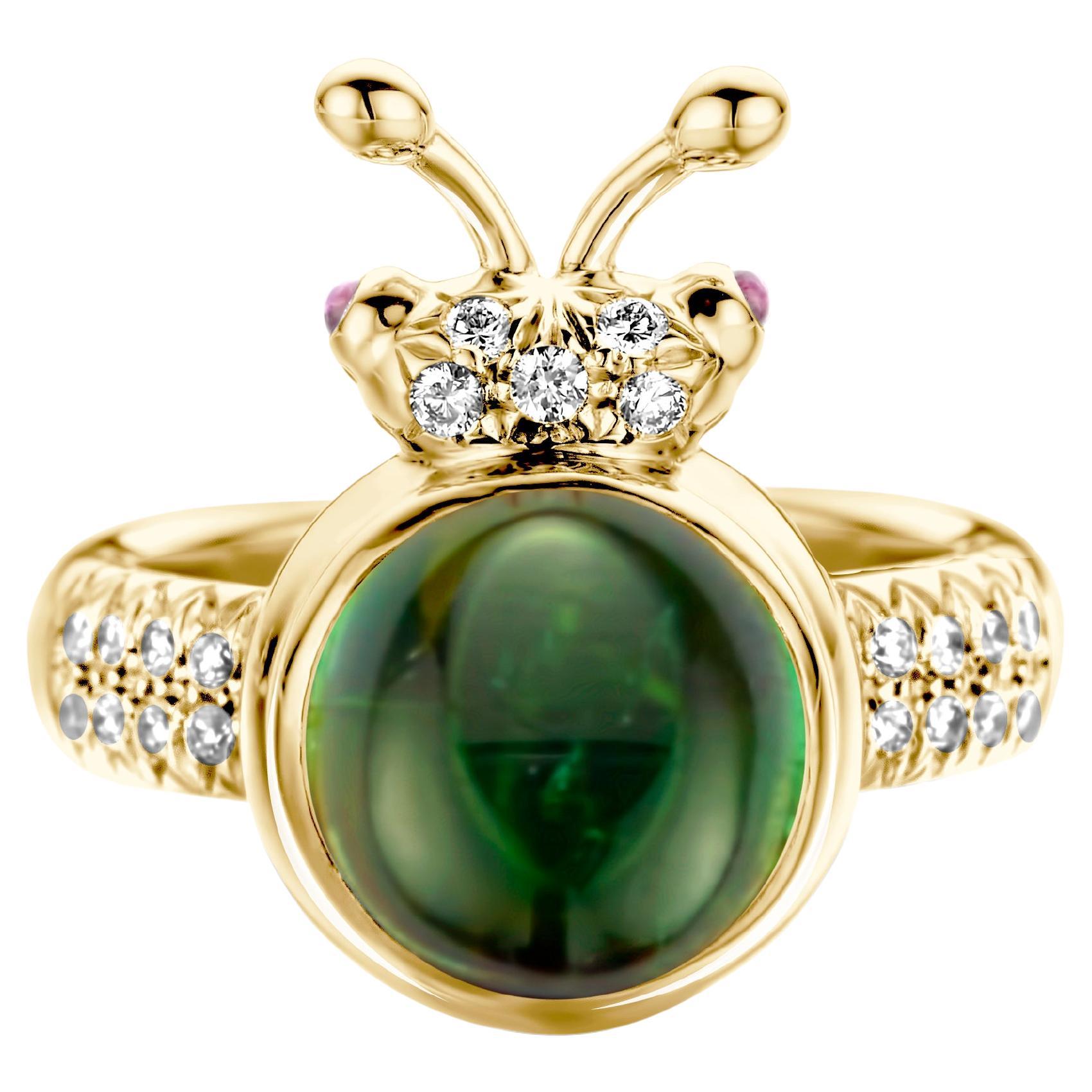 Bague moderne en or jaune 18 carats avec tourmaline verte et diamants en vente