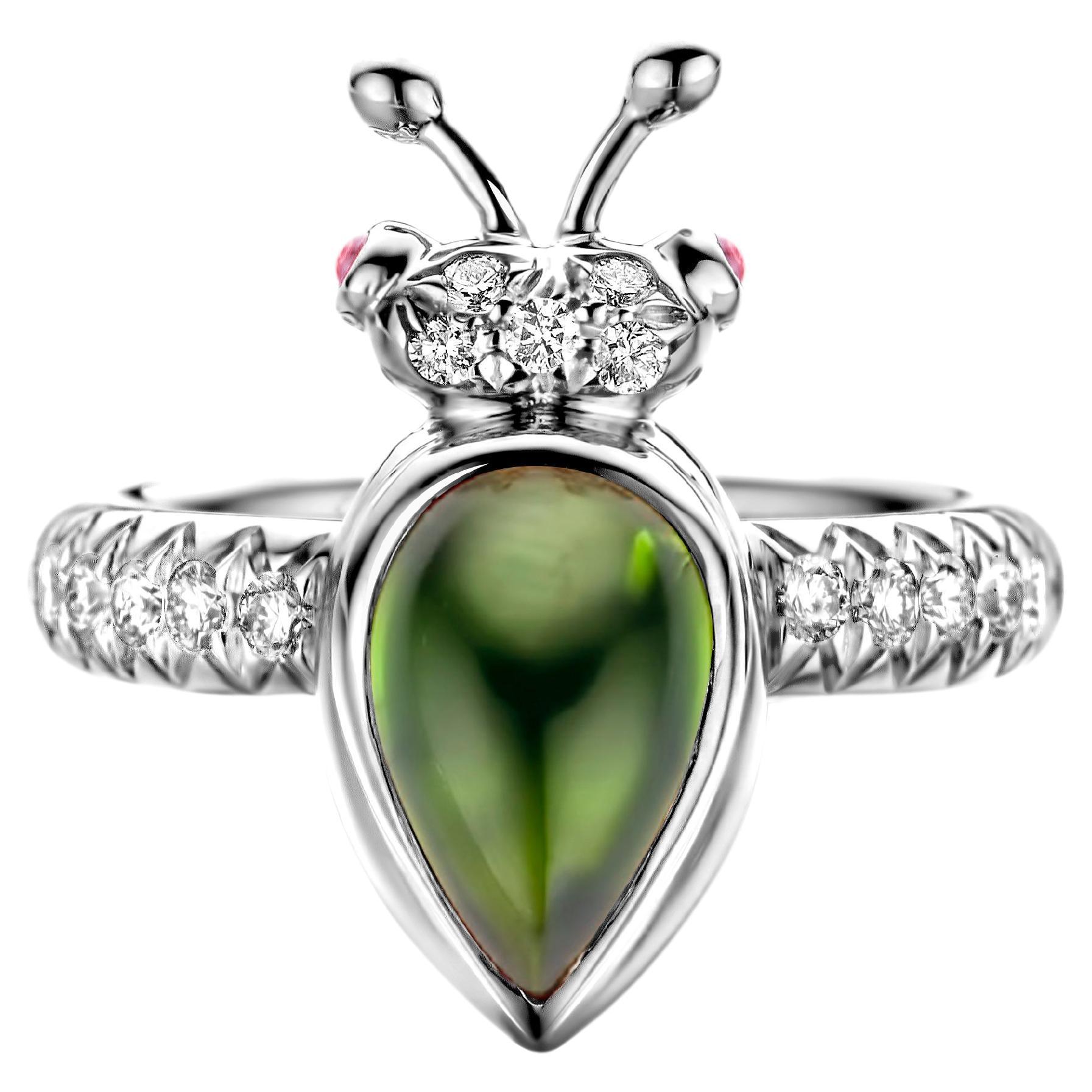 Green Tourmaline Diamond 18 Karat White Gold Modern Ring For Sale