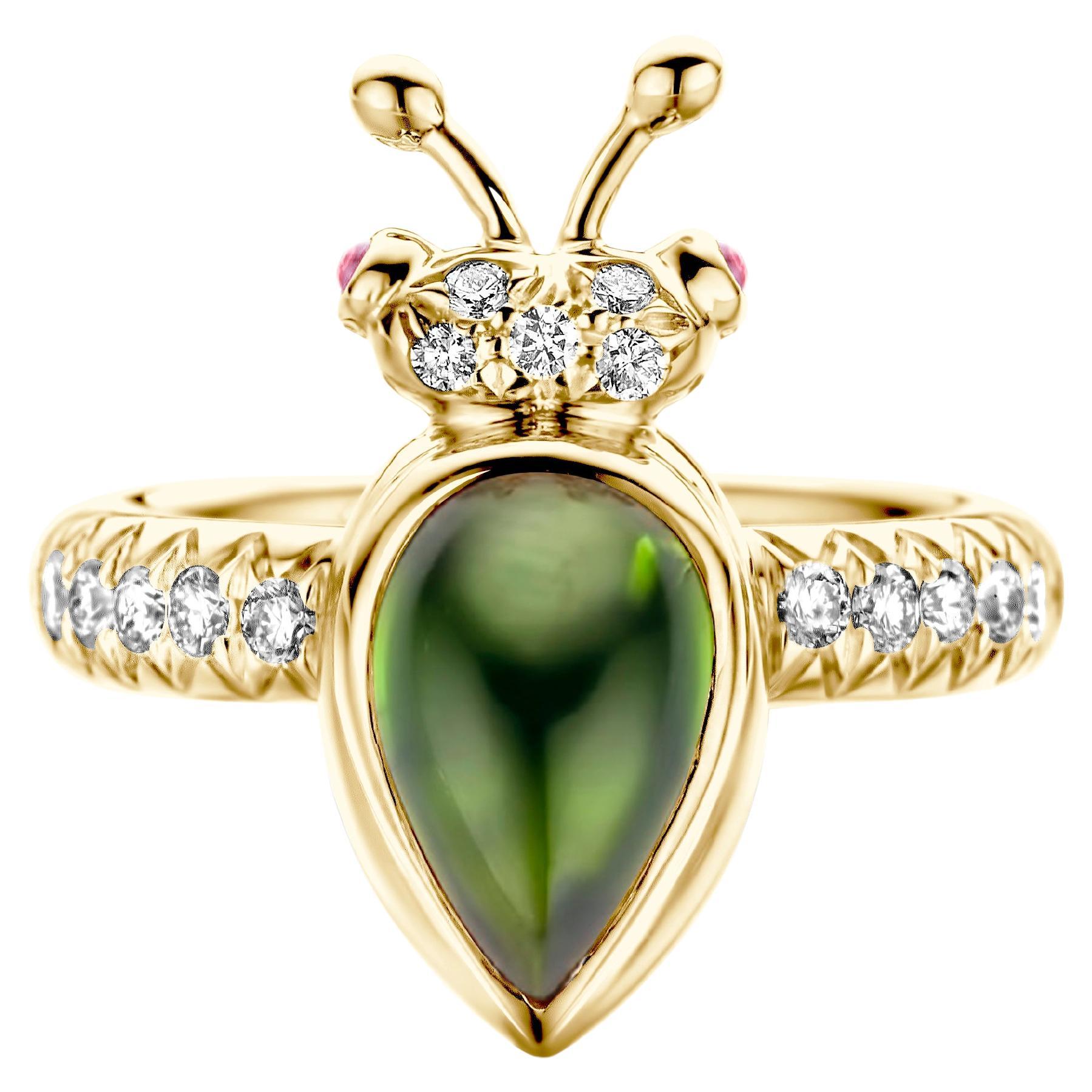 Green Tourmaline Diamond 18 Karat Yellow Gold Modern Ring For Sale