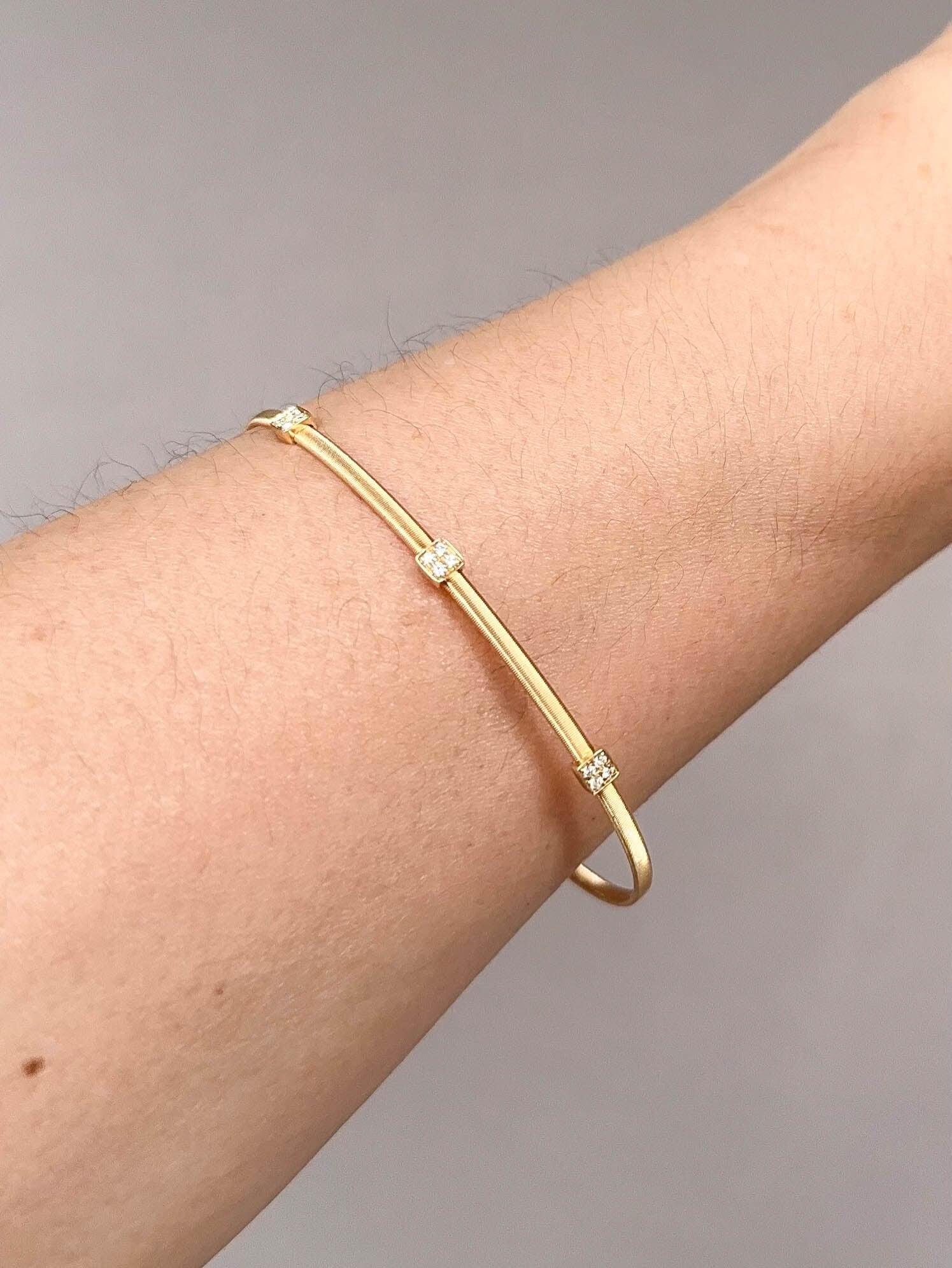 18K Gold Woven Wire Bangle Open End Flexible with Diamonds 7