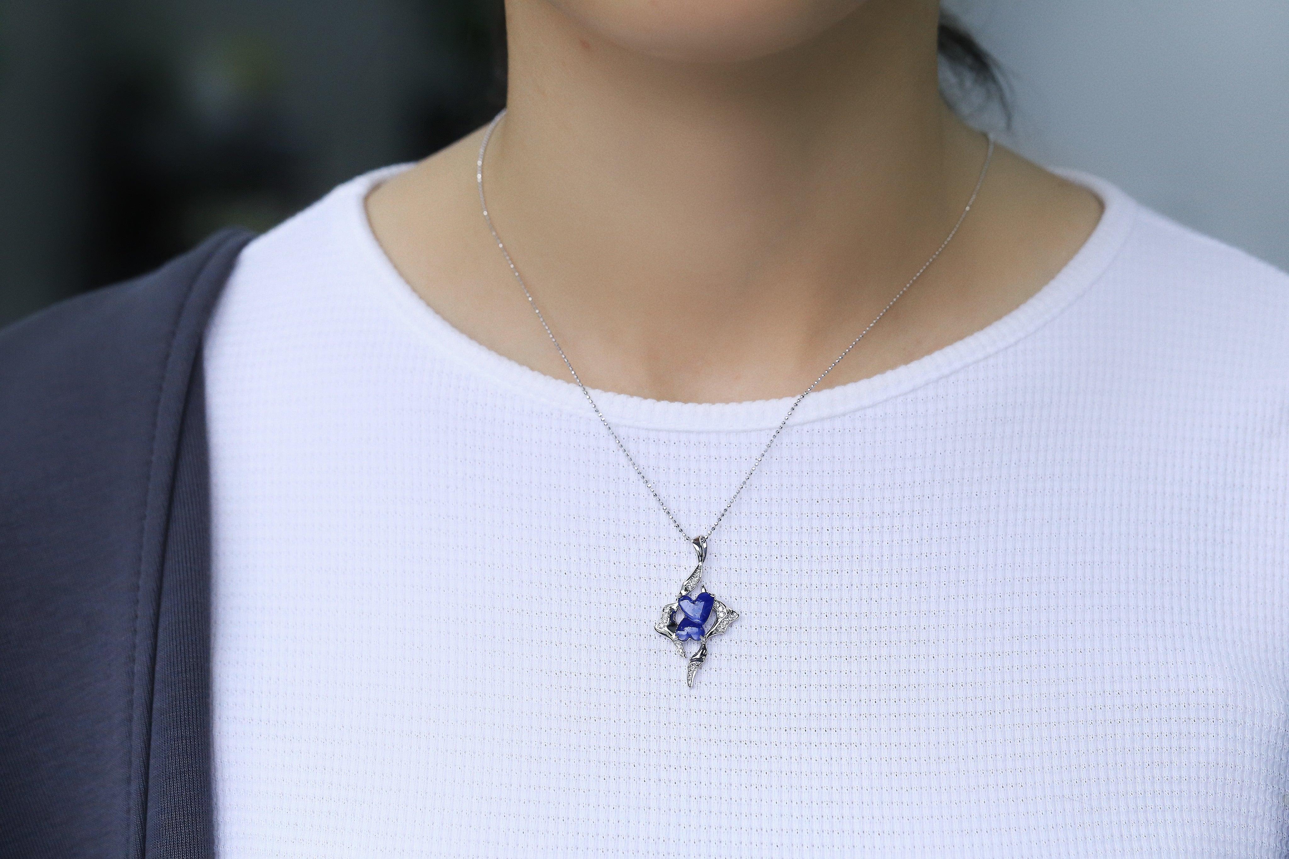 Ciondolo con zaffiro a cuore doppio collegato in oro bianco 14K da 2,32 carati con diamante in vendita 2