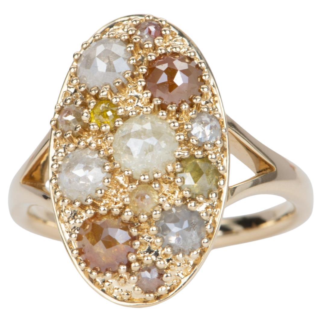 Anello a grappolo con diamanti taglio rosa da 2,59 carati in oro giallo 14K Navette R6583 in vendita
