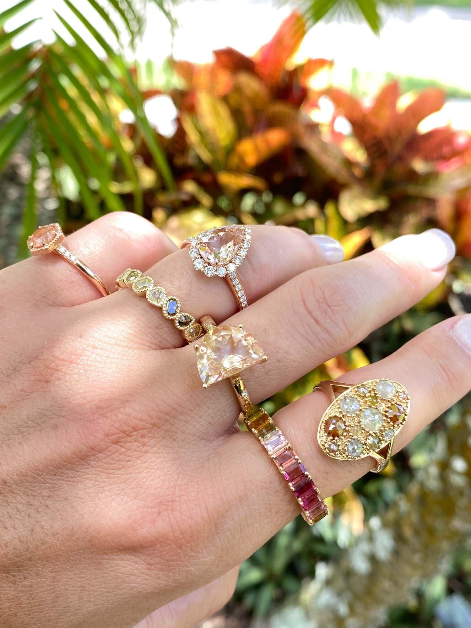 Anello a grappolo con diamanti taglio rosa da 2,59 carati in oro giallo 14K Navette R6583 in vendita 2