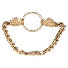 14K Gold Vintage Double Lion Head Rope Chain Bracelet 7" V1039