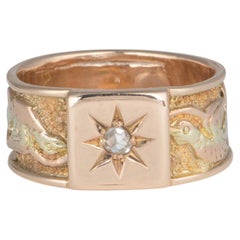 14K Gold Victorian Wide Band Ring with Starburst Set Old Cut Diamond V1240