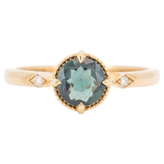 14K Gold Teal Sapphire Engagement Ring with Milgrain Halo and Side Diamond R6848