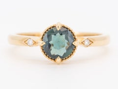 14K Gold Teal Sapphire Engagement Ring with Milgrain Halo and Side Diamond R6848