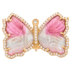 14K Gold Butterfly Tourmaline Carving Ring Diamond Halo R6854