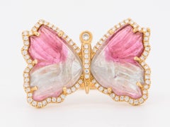 14K Gold Butterfly Tourmaline Carving Ring Diamond Halo R6854
