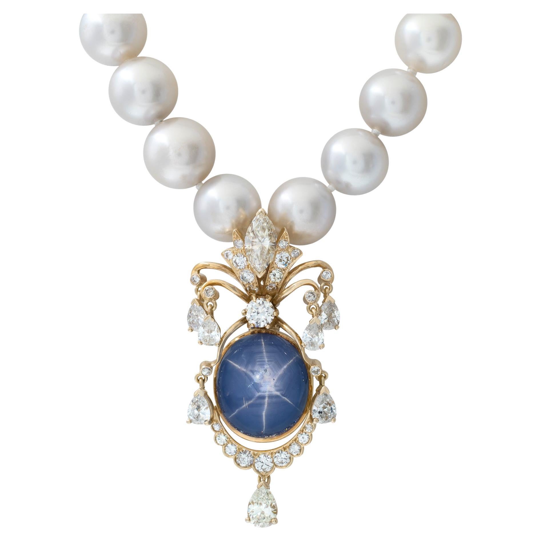 Graduating South Sea Pearl Necklace with Cabochon Star Sapphire & Diamonds 