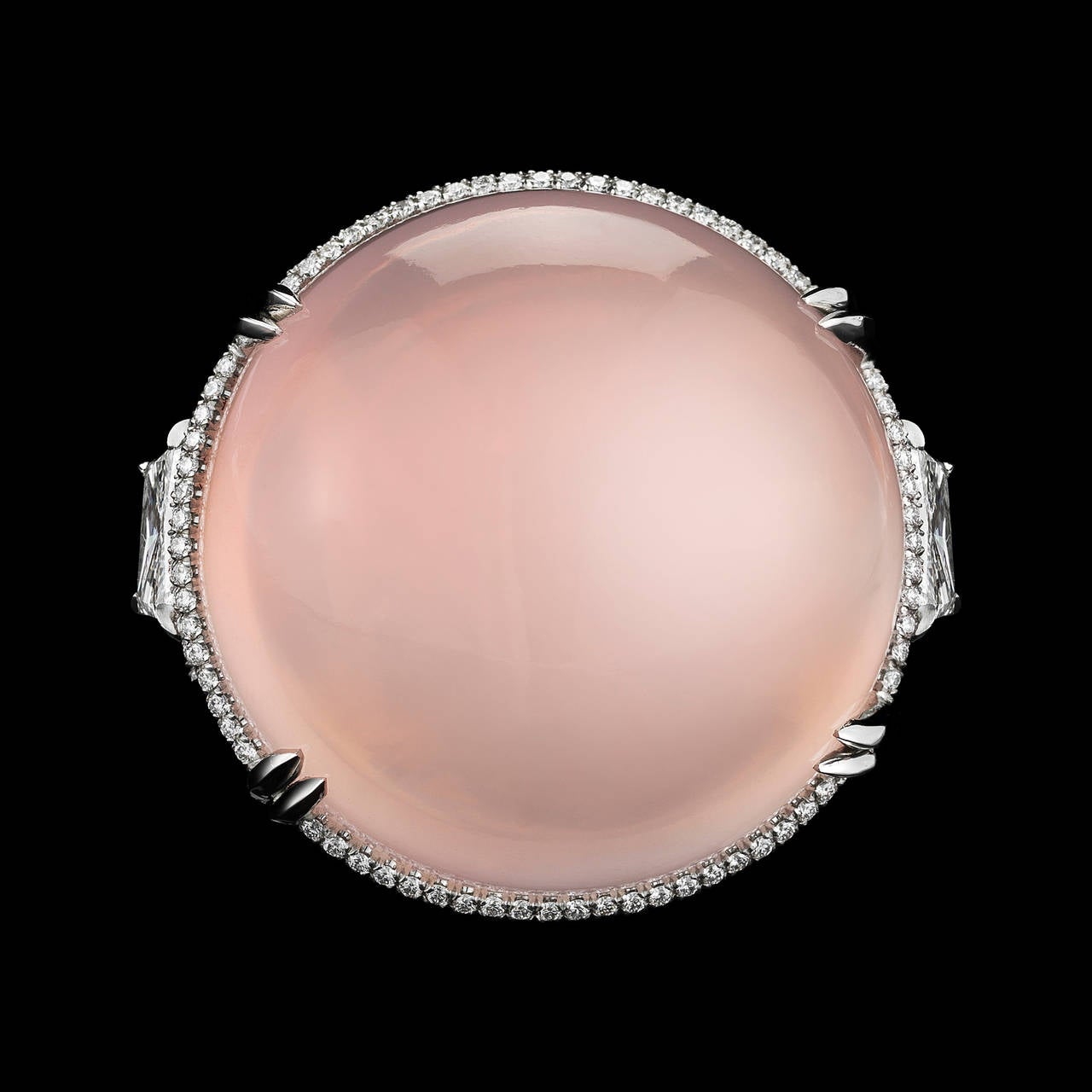 Alexandra Mor Rose Quartz Cabochon Diamond Gold Platinum Slanted Ring In New Condition For Sale In New York, NY