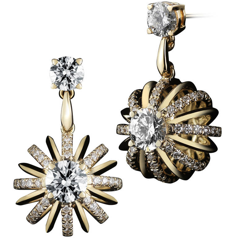 18 Karat Gold Dangle Diamond Snowflake Earrings For Sale