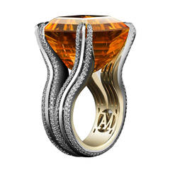 Asscher-Cut Honey Citrine Diamond Gold Platinum Cocktail Ring