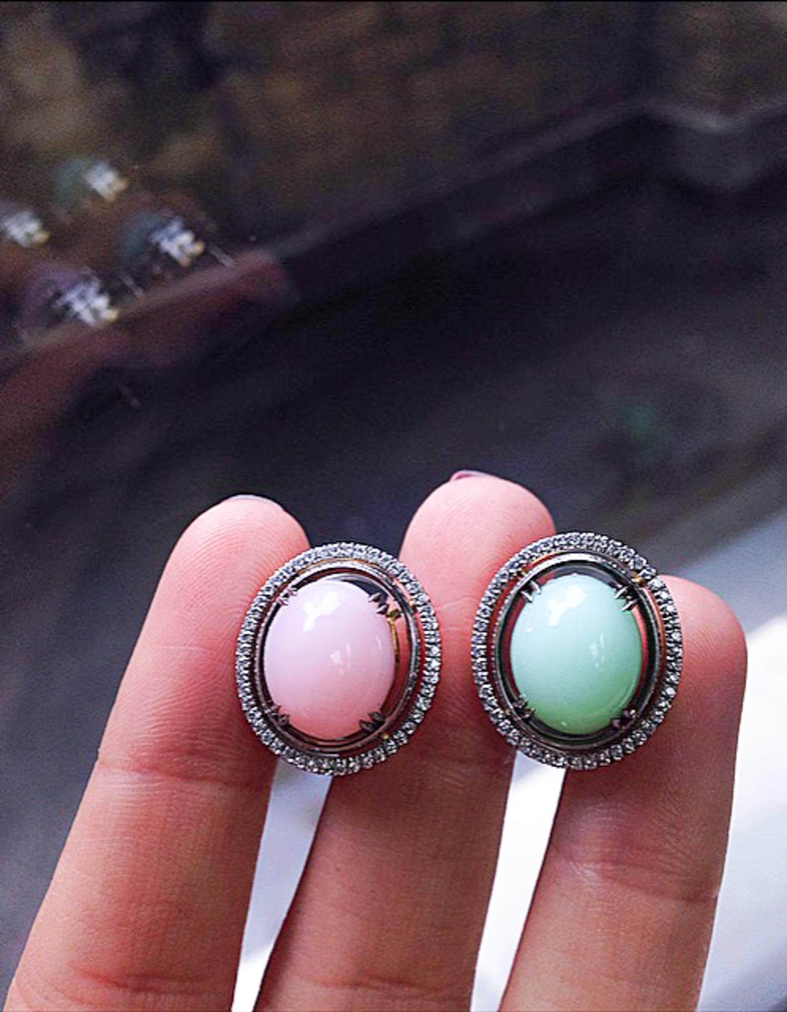 Alexandra Mor Green and Pink Cabochon Opal with Diamond Jacket Earrings In New Condition For Sale In New York, NY