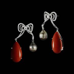 Alexandra Mor Coral and Pearl Diamond Medi Bow Earrings
