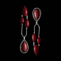 Alexandra Mor Asymmetrical Medi Coral Diamond Gold Chandelier Earrings