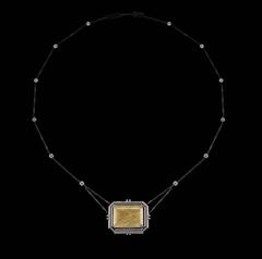 Emerald Cut Rutilated Quartz Pendant Necklace with Bezel-Set Diamond Chain