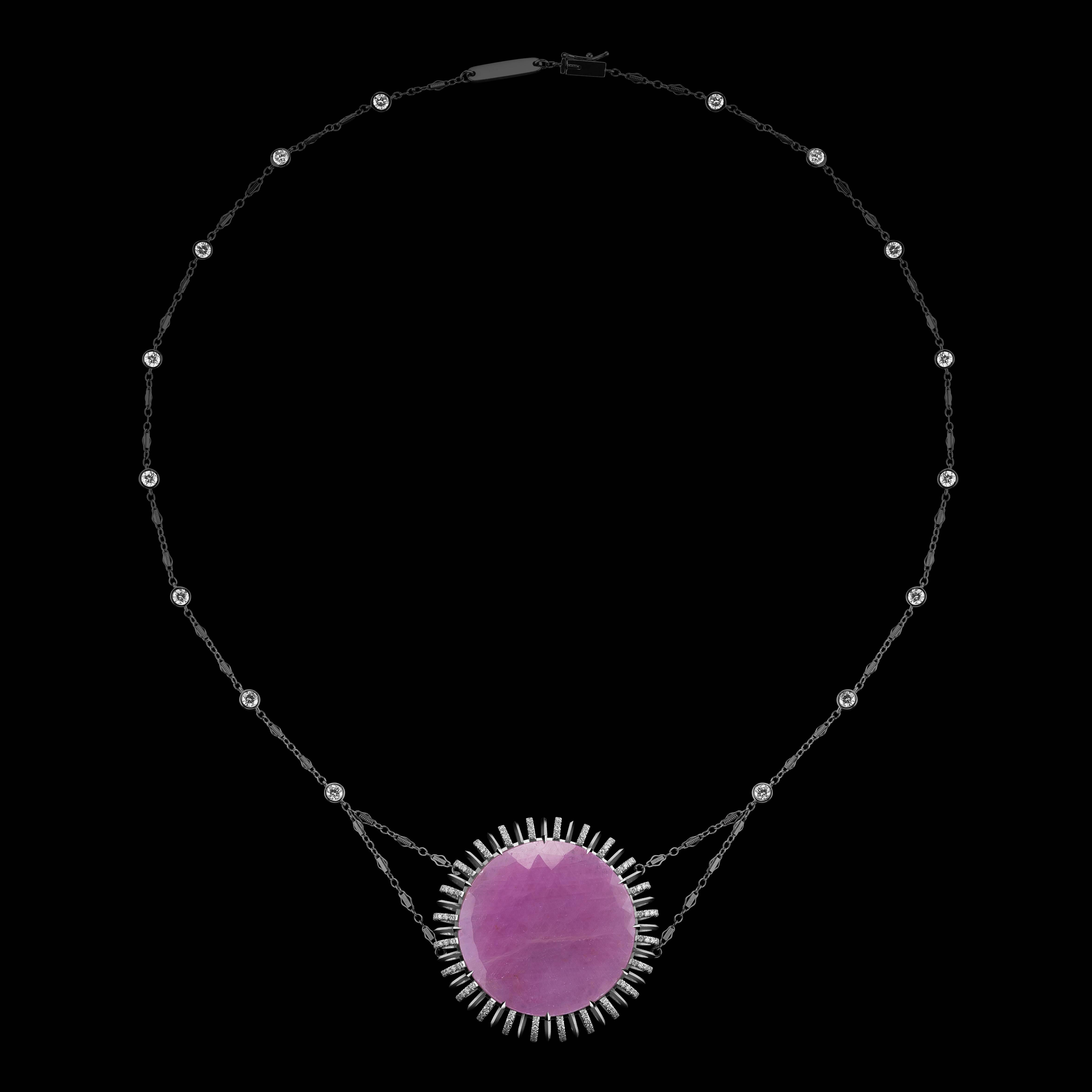 *Please contact us for more information on this piece or on creating your own custom Alexandra Mor Design. 

A one-of-a-kind Alexandra Mor slice pendant necklace features a 42.76 carat 
Pink Sapphire detailed with Alexandra Mor signature knife-edged