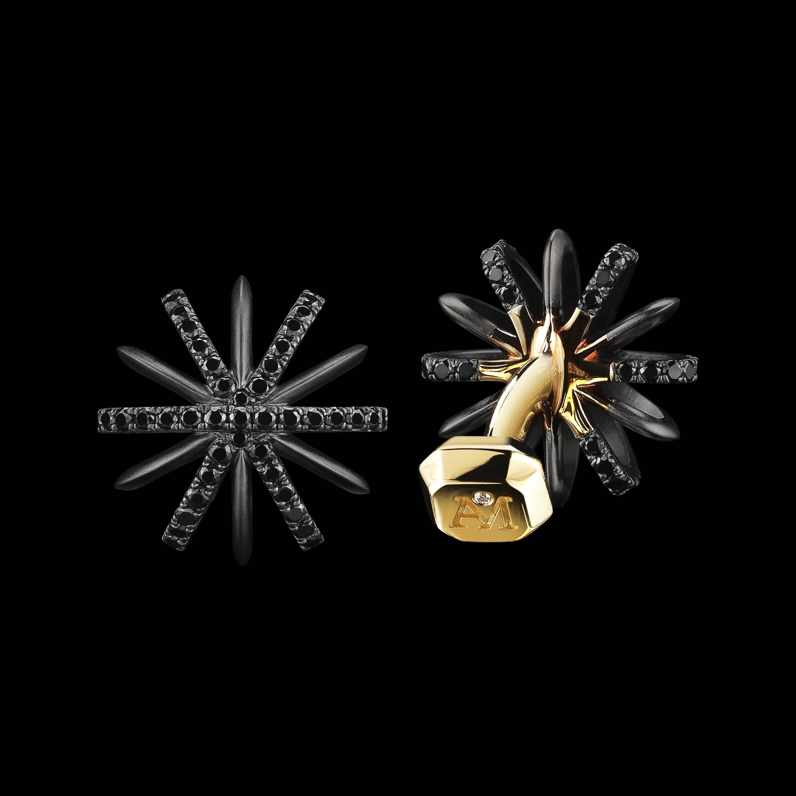 Alexandra Mor signature Black Diamond snowflake cufflinks feature one hundred thirty Diamonds set in Palladium and 18 karat yellow gold with a noir- satin finish,and Alexandra Mor logo. Limited edition of 10. Signed by artist. Crafted in the USA.