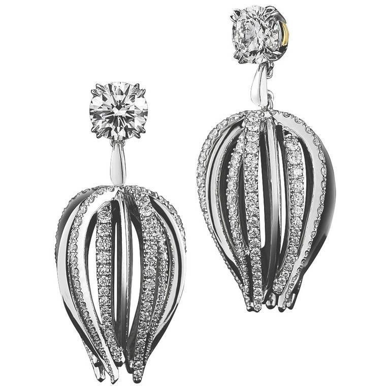 Alexandra Mor Petite Curved Waist Diamond Gold Platinum Earrings For Sale