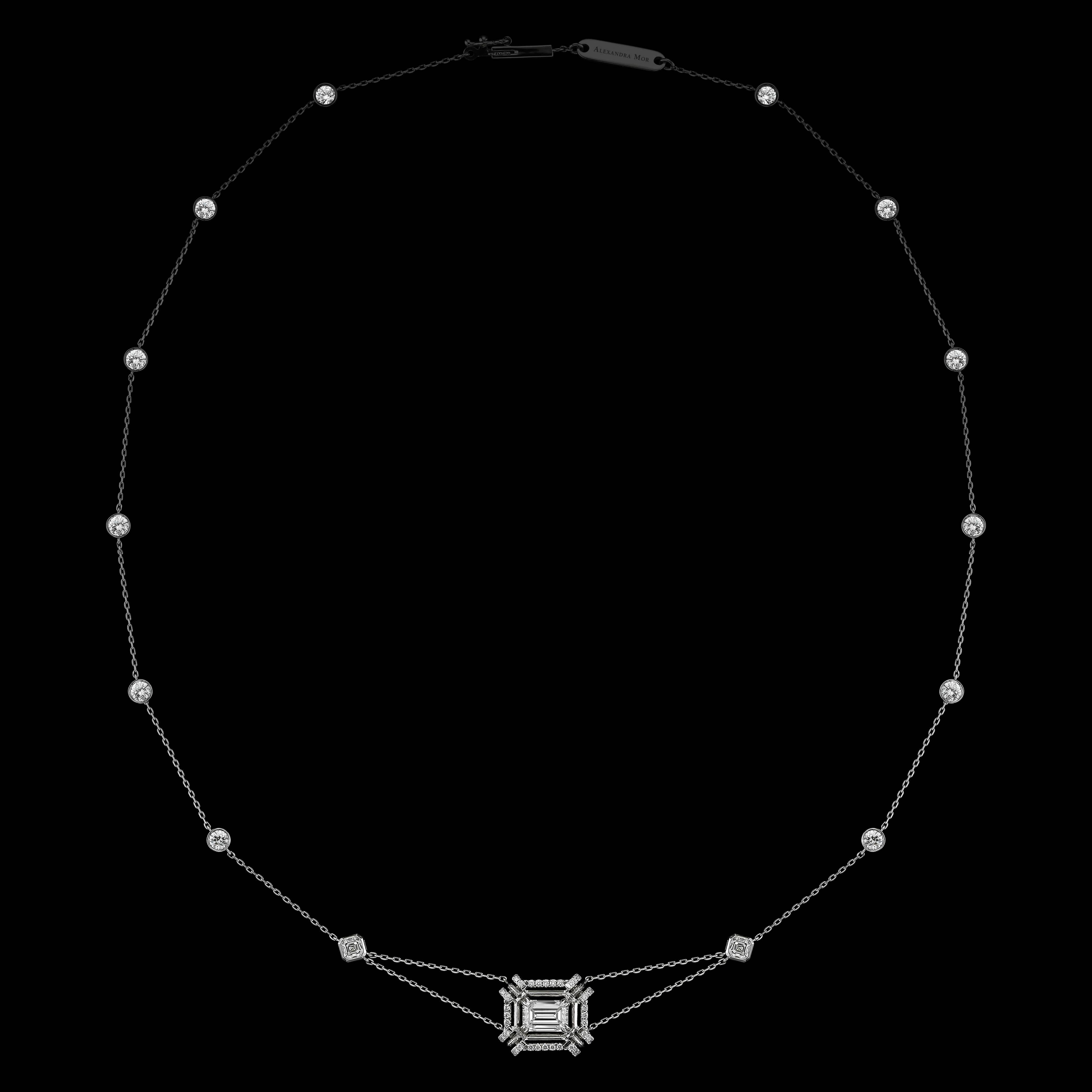 This Alexandra Mor Diamond platform necklace features a 1.30 carat Emerald-cut Diamond F VS2 GIA , bordered with Alexandra Mor's signature 1mm Diamond melee and 1mm knife-edged wire. Necklace is set with twelve evenly spaced Round Brilliant-cut