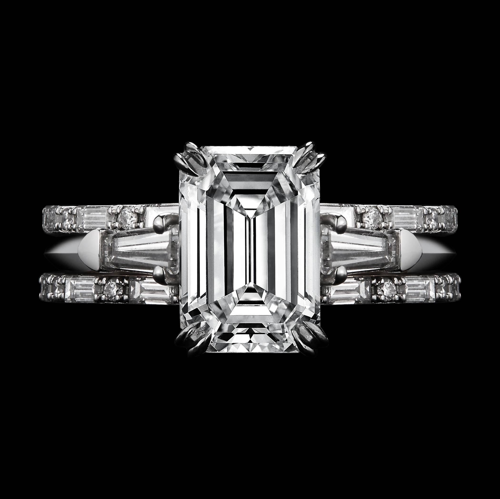 *This design is available with center diamonds weighing from 1ct - 10 cts and larger. Please contact us for more information on this piece or on creating your own custom Alexandra Mor Design.  

Alexandra Mor Three ring Emerald Cut Diamond and