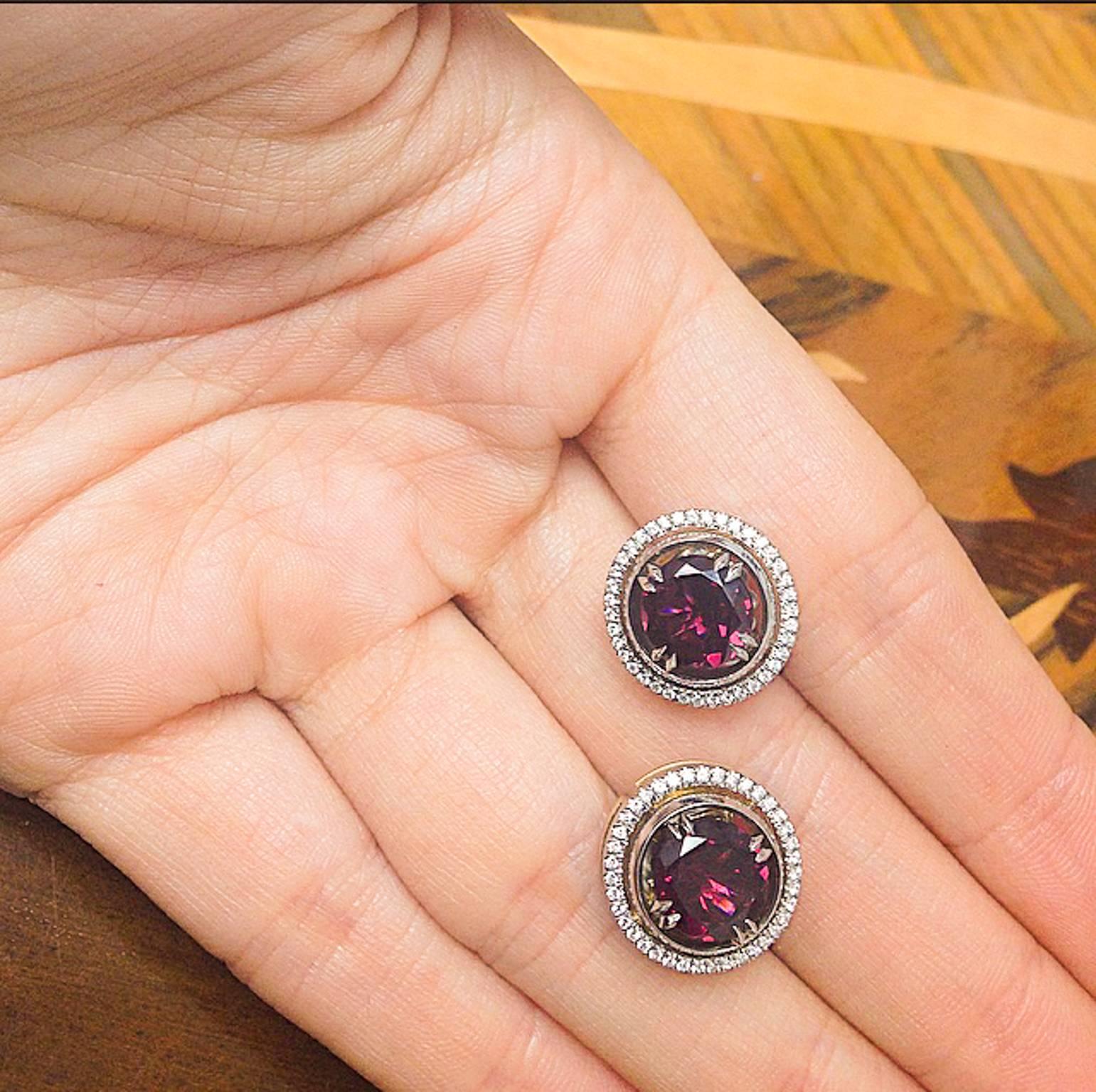 Contemporary Alexandra Mor Medium Red Rhodolite Studs with Diamond Earring Jackets For Sale
