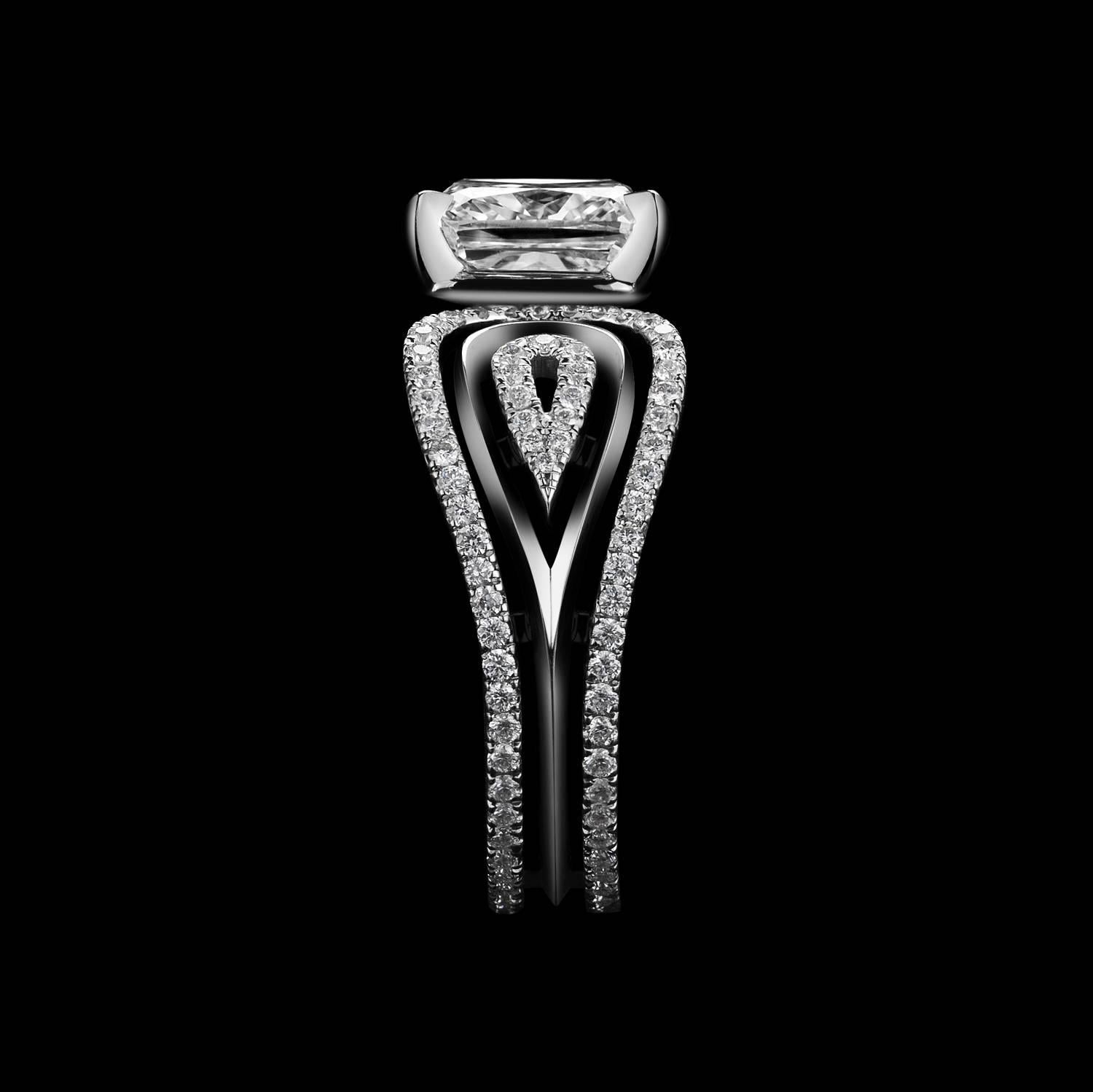 This ring features a 2.85 carat Cushion-cut Brilliant Diamond center with GIA grading report stating color and clarity is G VS1;  detailed by Alexandra Mor signature floating diamond melee and knife-edged wire. Total Diamond melle weight is .57