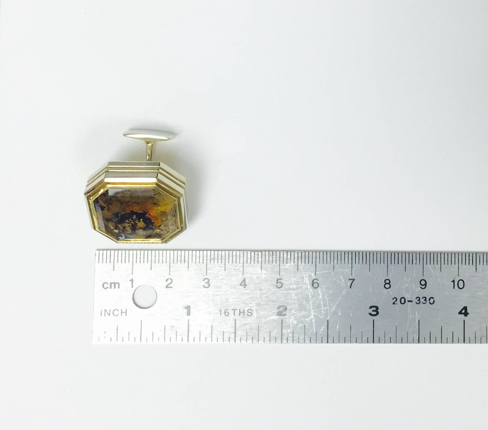 Octagon-Cut Dendritic Quartz Diamond Gold Cufflinks In New Condition In New York, NY