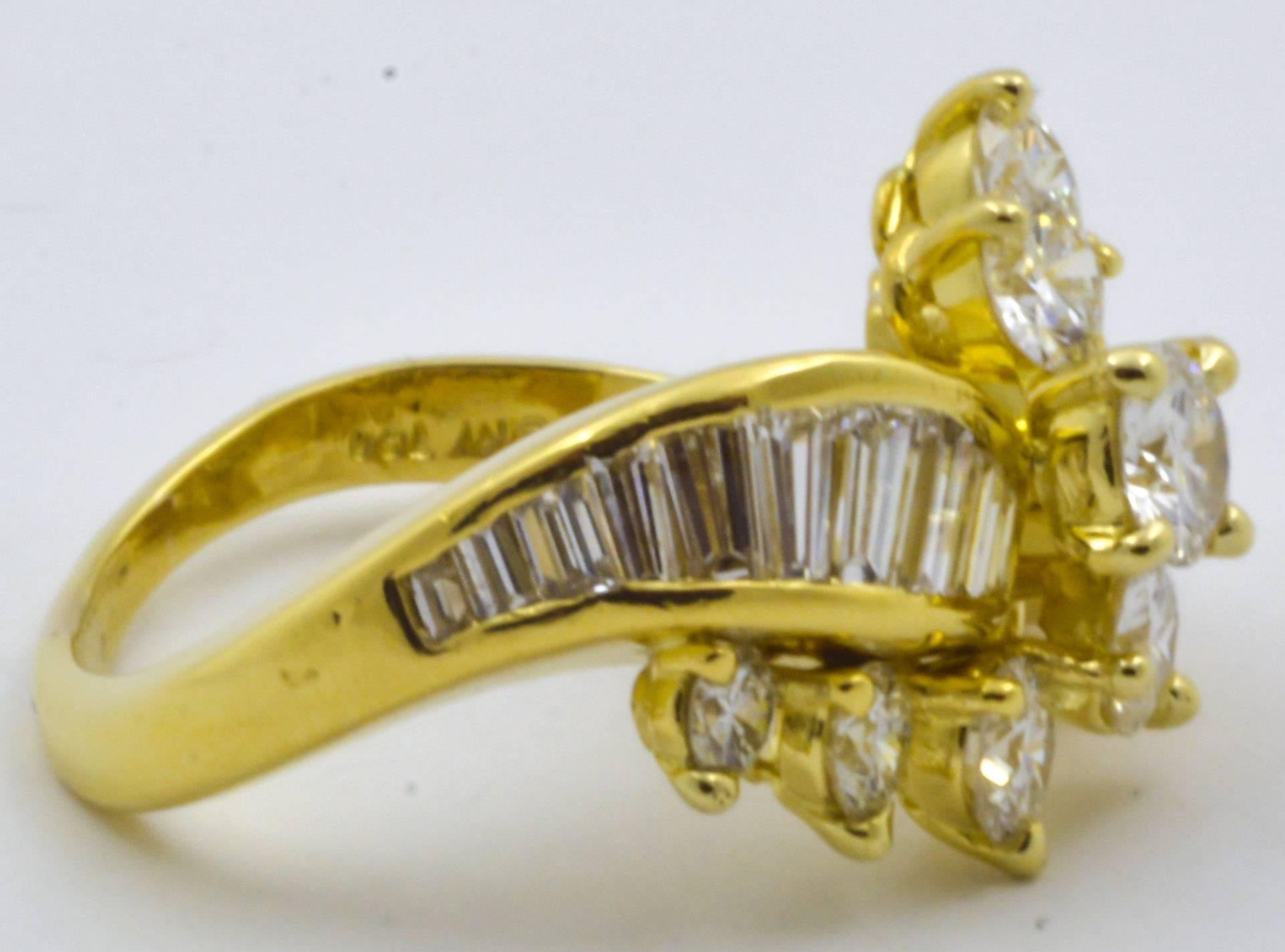 Kurt Wayne Round Brilliant and Baguette Cut Diamond Gold Ring In Good Condition In Dallas, TX