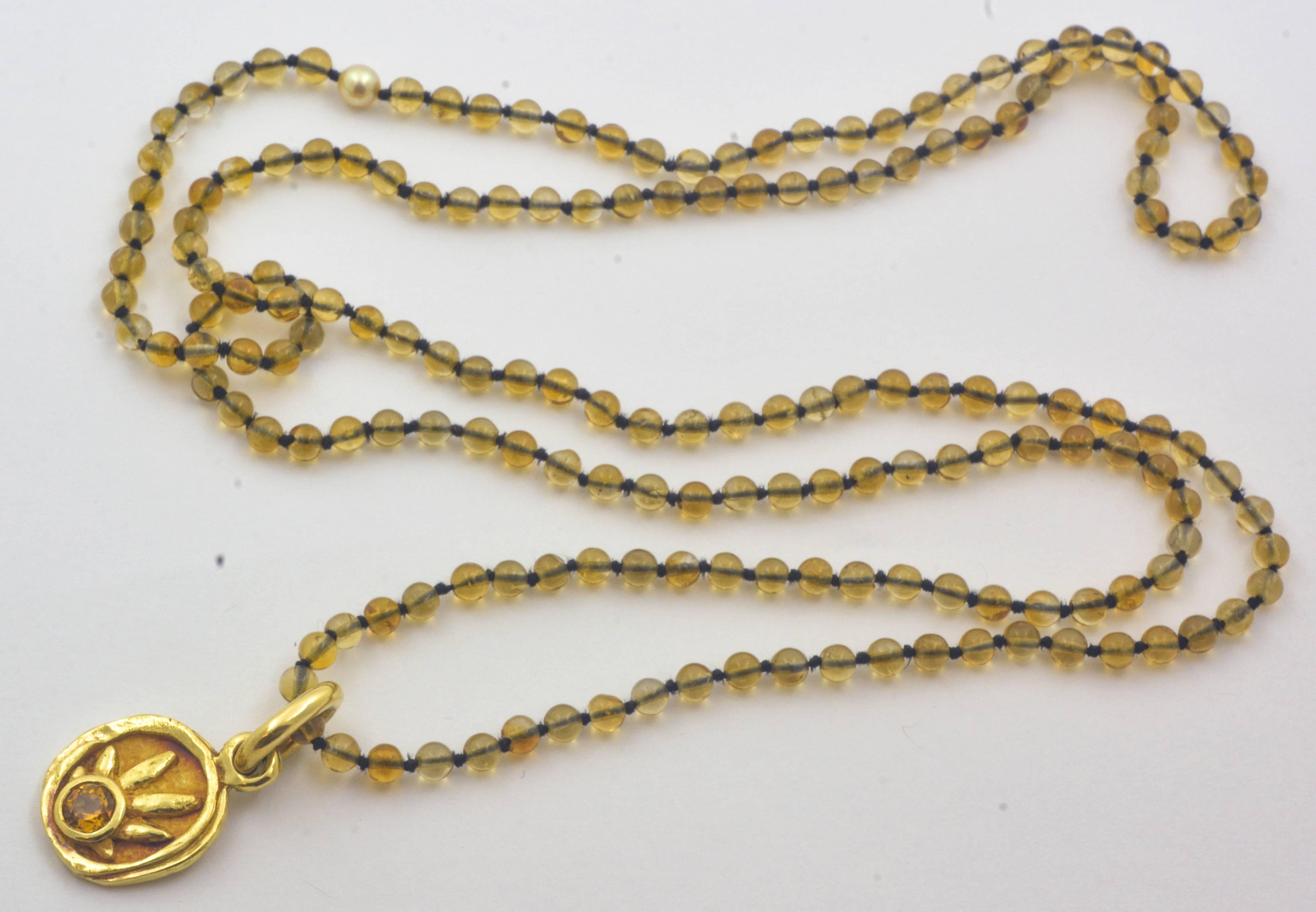 Arts and Crafts Citrine Bead Necklace 18 Karat Gold Medallion Pendant