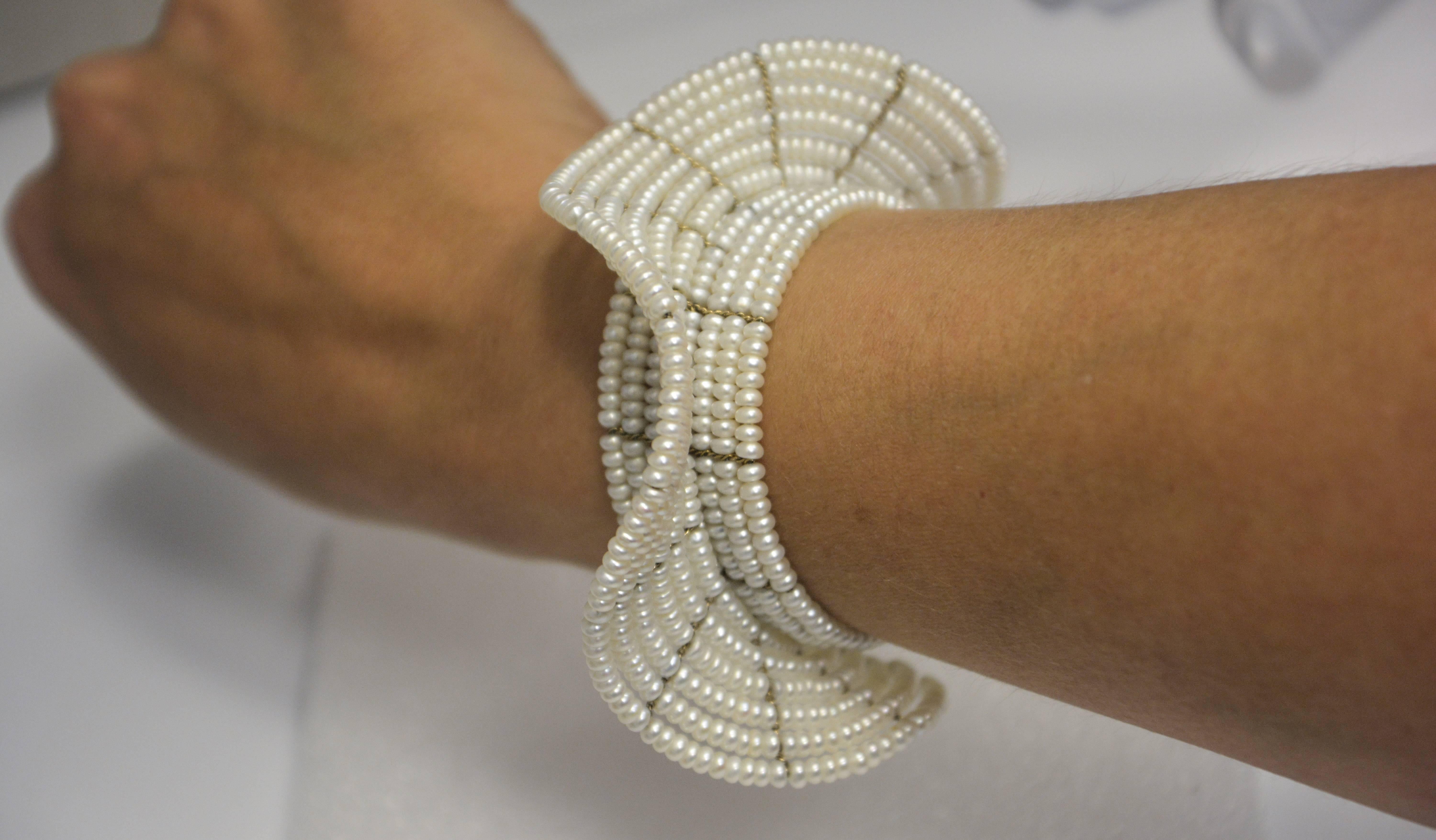 Cuff Seven Row Cultured Pearl Bracelet with Ruffle In Excellent Condition In Dallas, TX
