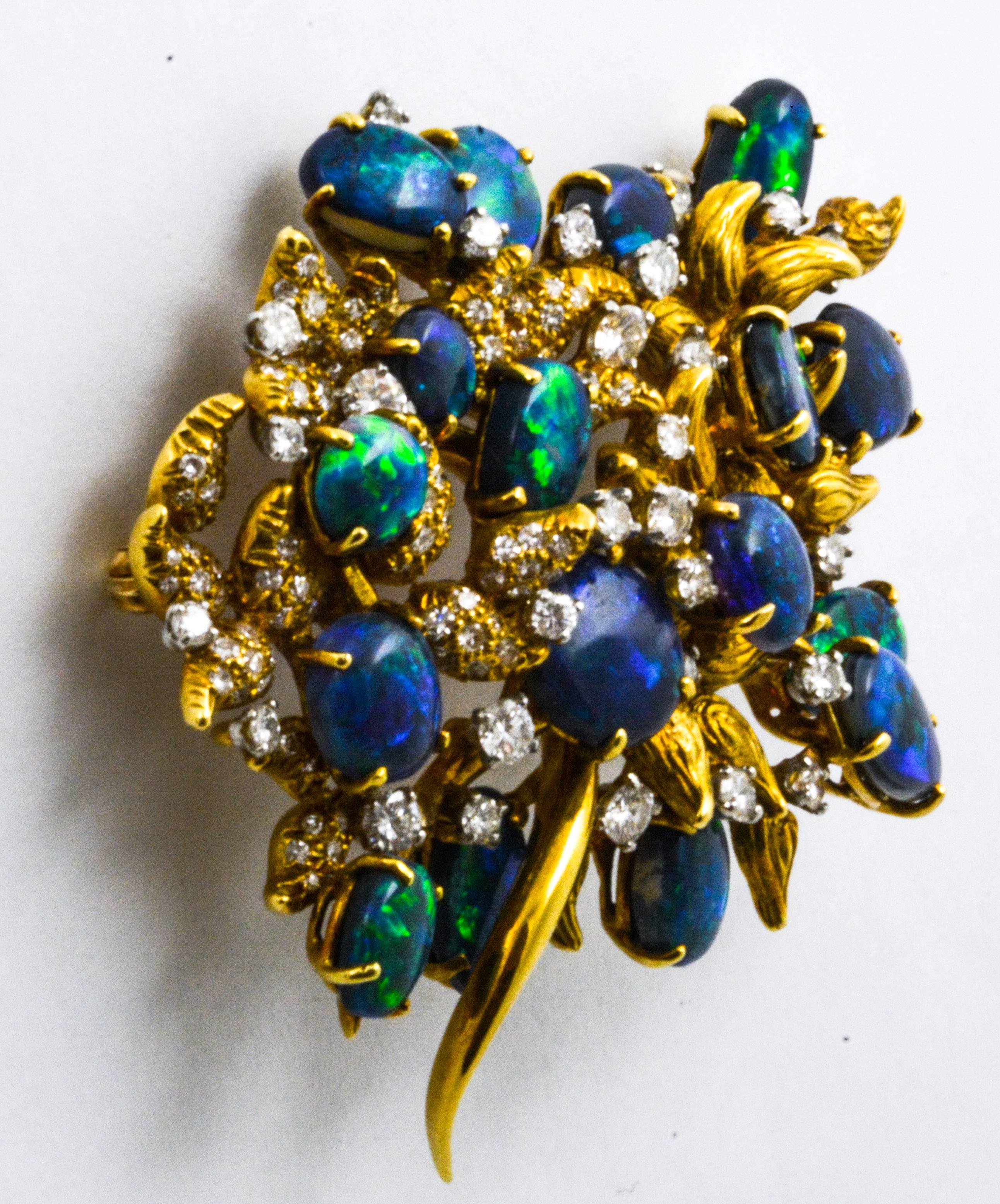 Contemporary Julius Cohen Black Opal Diamond Gold Brooch