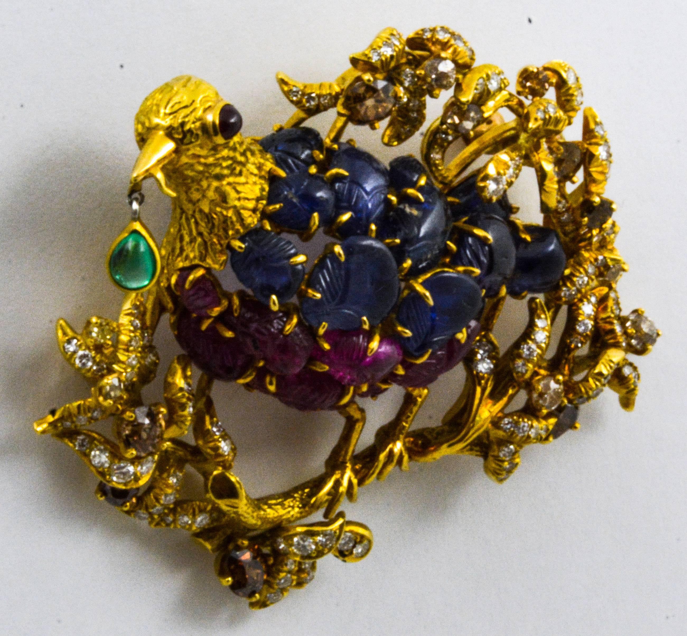 Contemporary Julius Cohen Sapphire Ruby Emerald Diamond Gold Bird Brooch