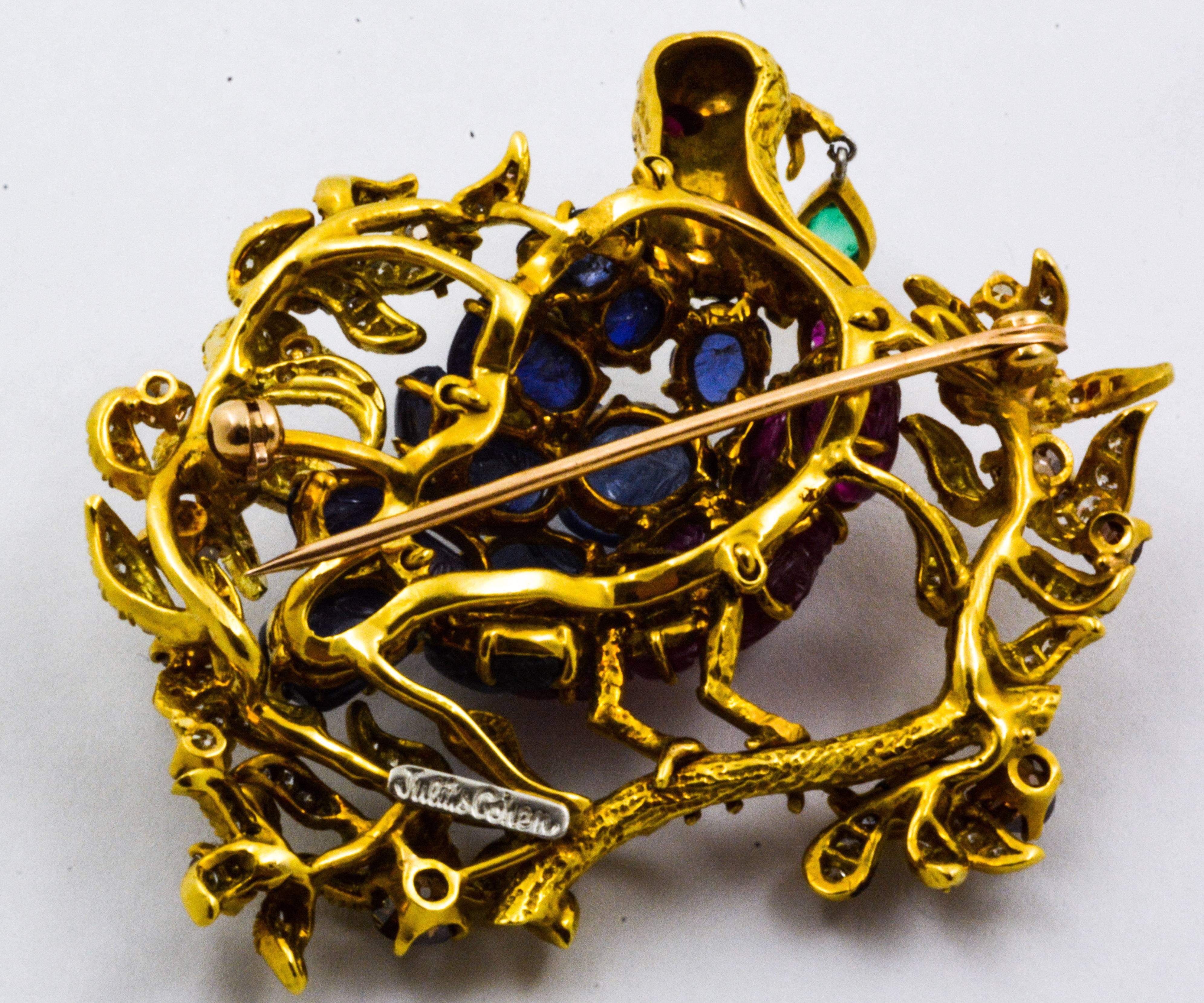 Julius Cohen Sapphire Ruby Emerald Diamond Gold Bird Brooch In Excellent Condition In Dallas, TX