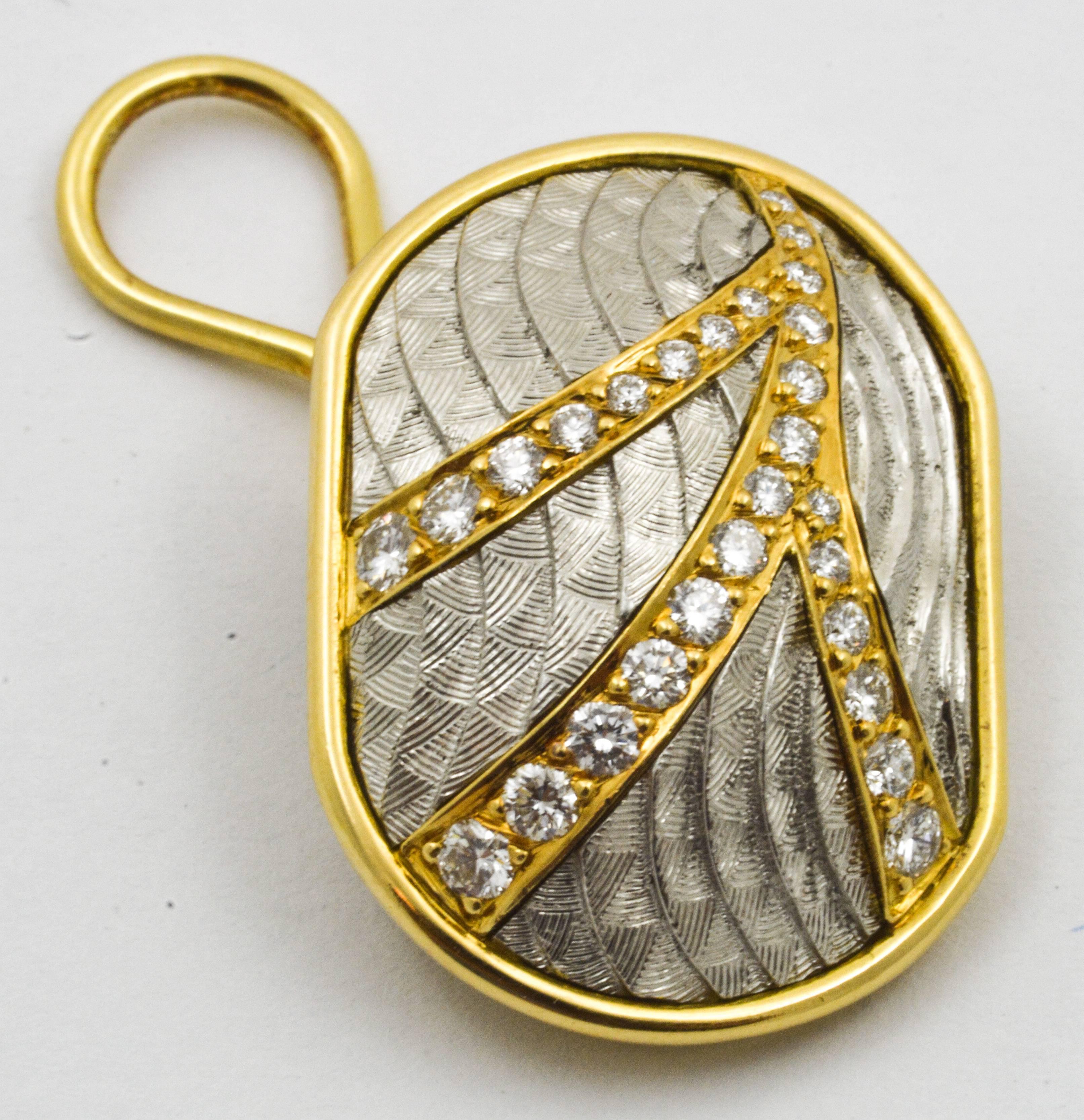 Modern Michael Bondanza Diamond Gold Platinum Hand Engraved Clip-On Earrings