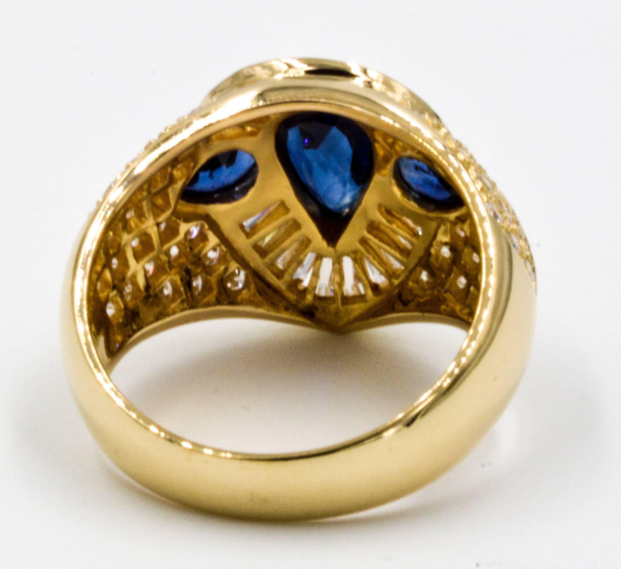 Modern 1.94 ct Blue Sapphires 1.12 ctw Diamonds 18 Karat Yellow Gold Ring