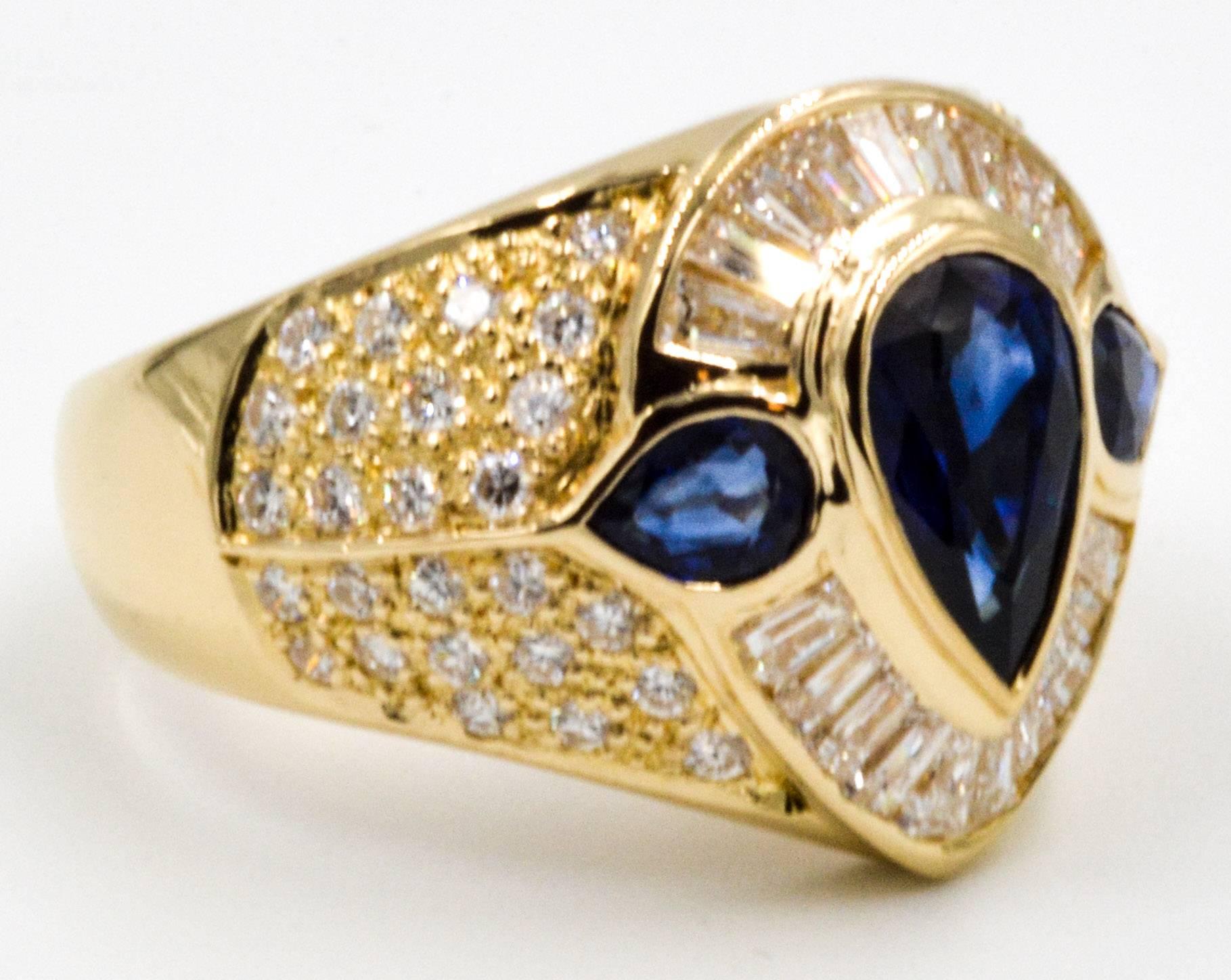 Baguette Cut 1.94 ct Blue Sapphires 1.12 ctw Diamonds 18 Karat Yellow Gold Ring