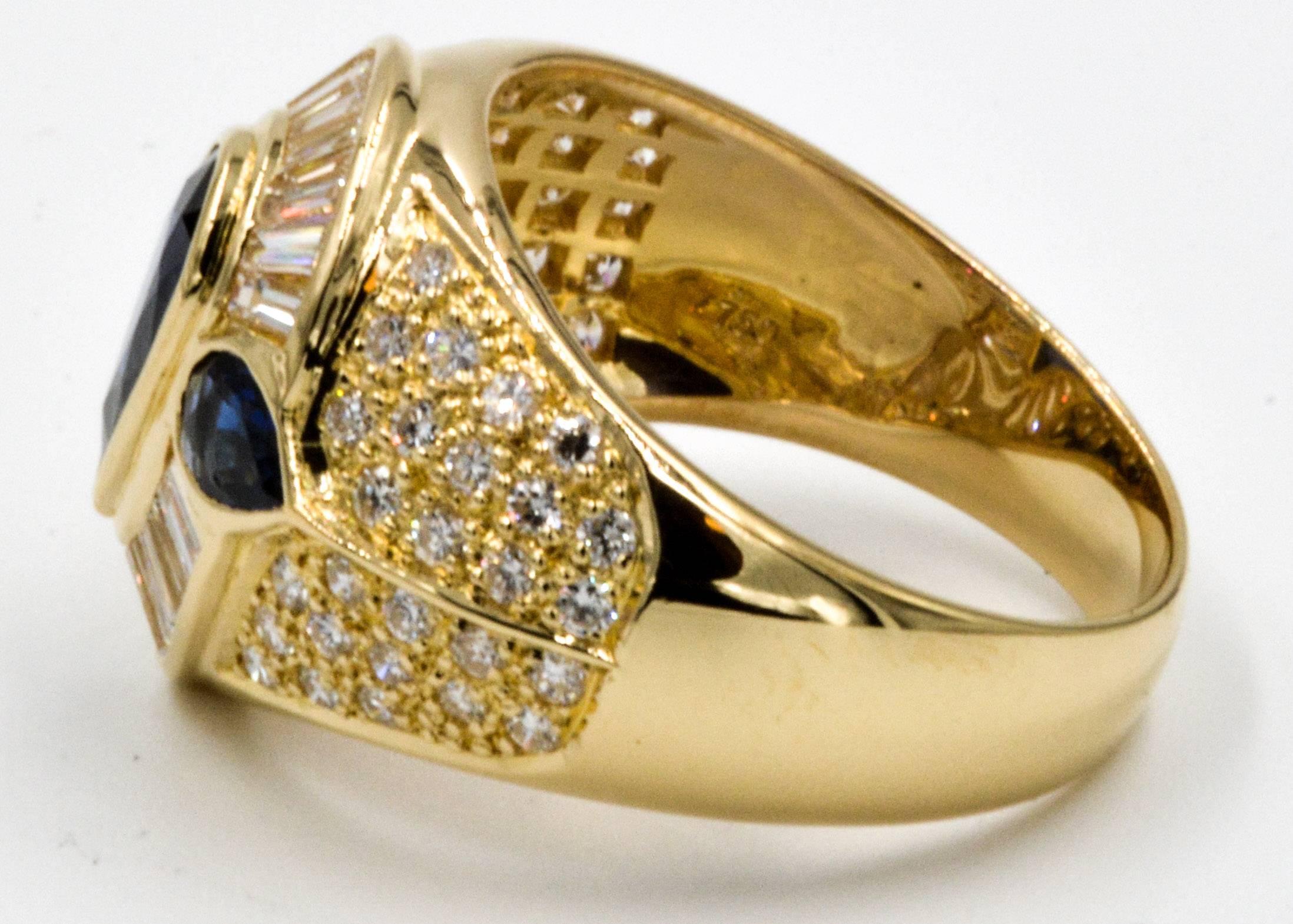 Women's or Men's 1.94 ct Blue Sapphires 1.12 ctw Diamonds 18 Karat Yellow Gold Ring