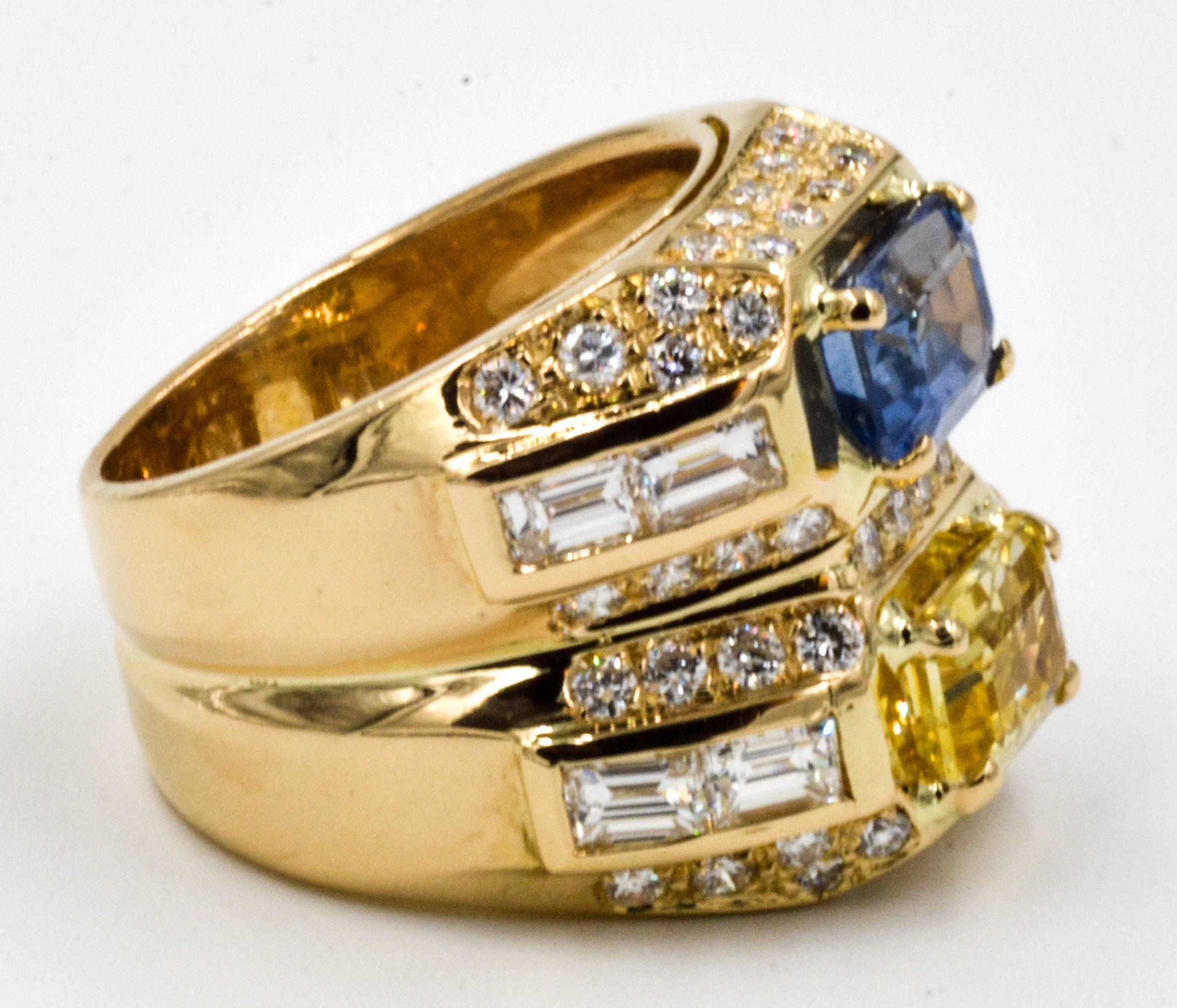 Twin Contrasting Yellow and Blue Sapphire 18 Karat Yellow Gold and Diamond Ring 1