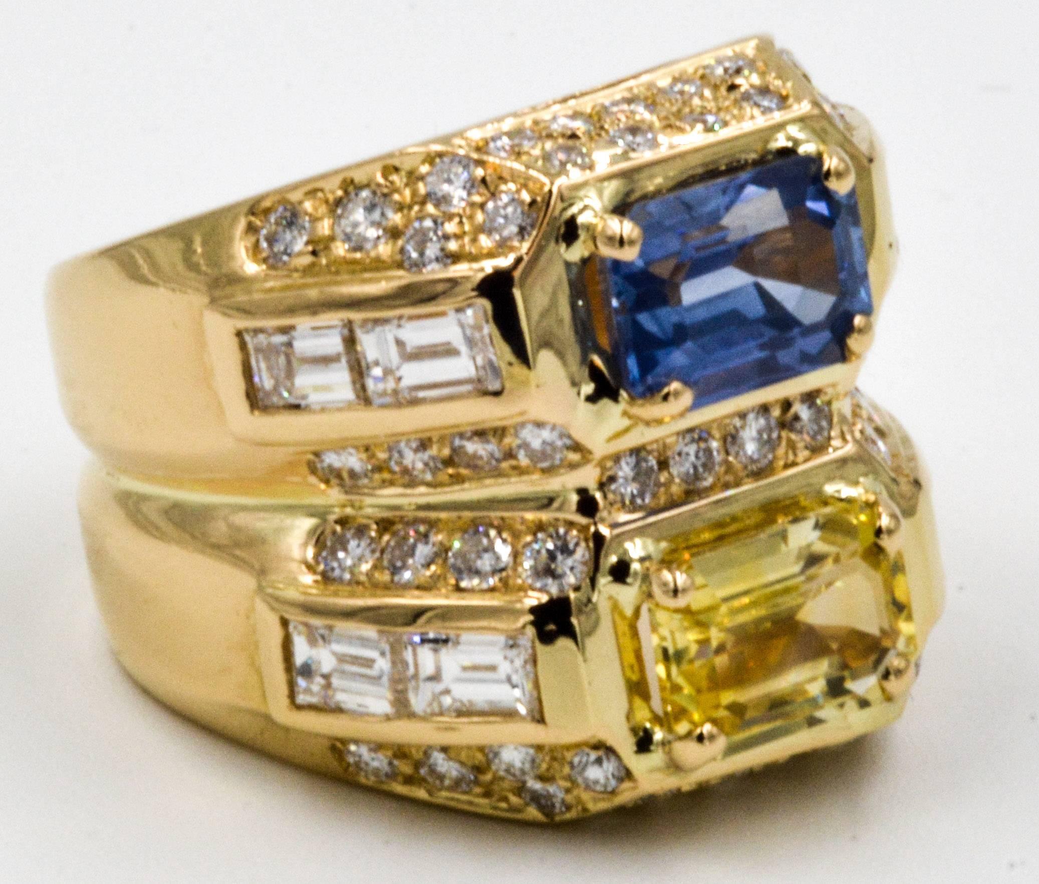 Women's or Men's Twin Contrasting Yellow and Blue Sapphire 18 Karat Yellow Gold and Diamond Ring