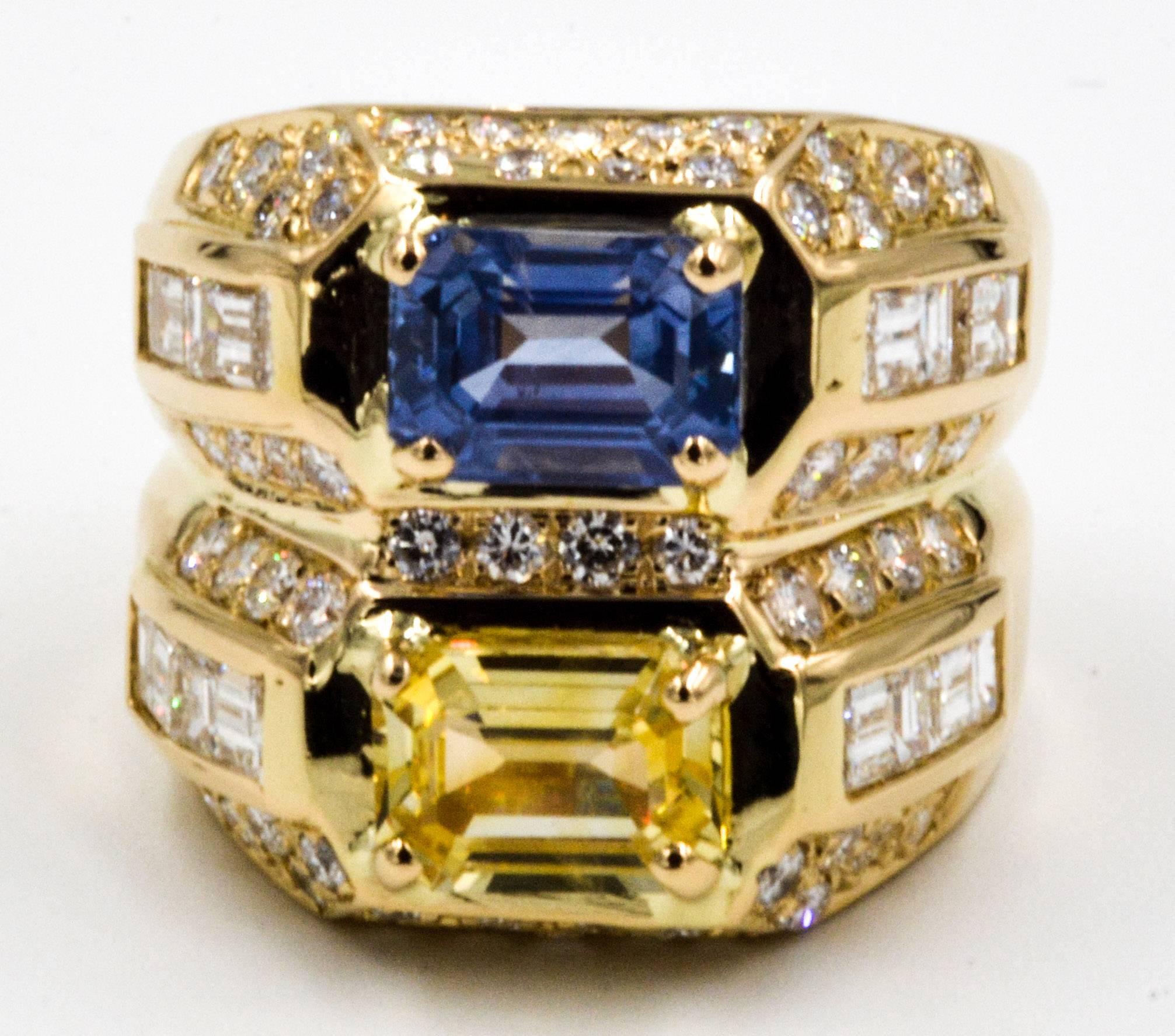 Twin Contrasting Yellow and Blue Sapphire 18 Karat Yellow Gold and Diamond Ring 2